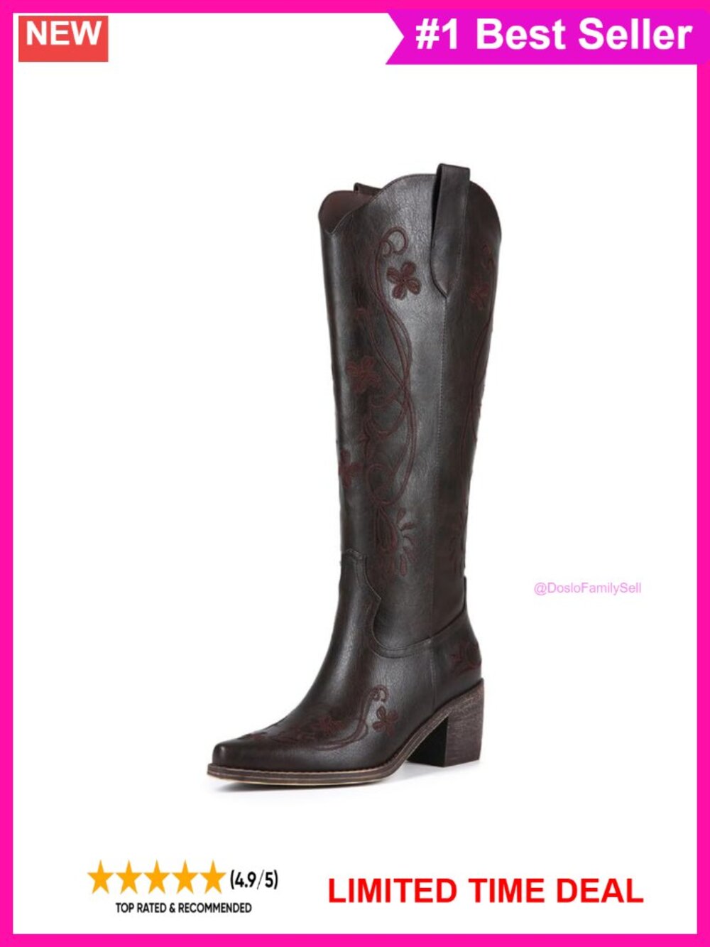 Floral Embroidered Cowgirl Knee High Western Boots Faux Leather Chunky Heel